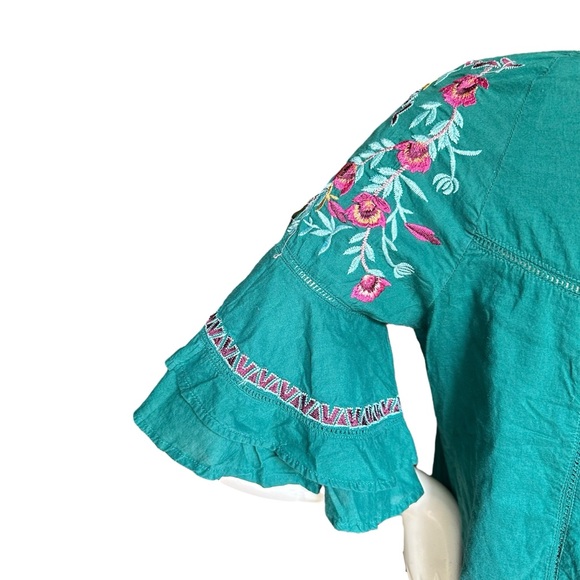 Free People Green Embroidered 3/4 Bell Sleeve Babydoll Boho Mini Dress Small - Picture 6 of 13